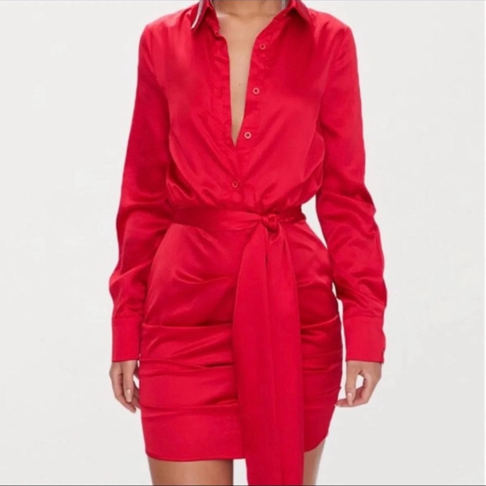Red Satin Tie Front Dress